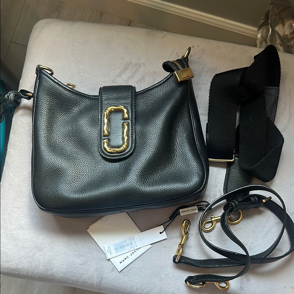 Marc Jacob’s Black Leather Shoulder Bag with Gold Accents